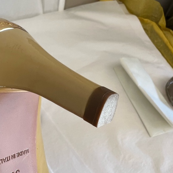 PRADA Patent Leather Yellow Peep Toe Heel w/Signature Gold Tone Plate - Picture 10 of 13